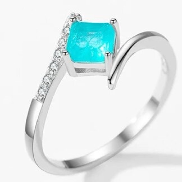 904. Minimalist Platinum-Plated .925 Sterling Silver Paraiba Tourmaline Ring - Picture 1 of 7